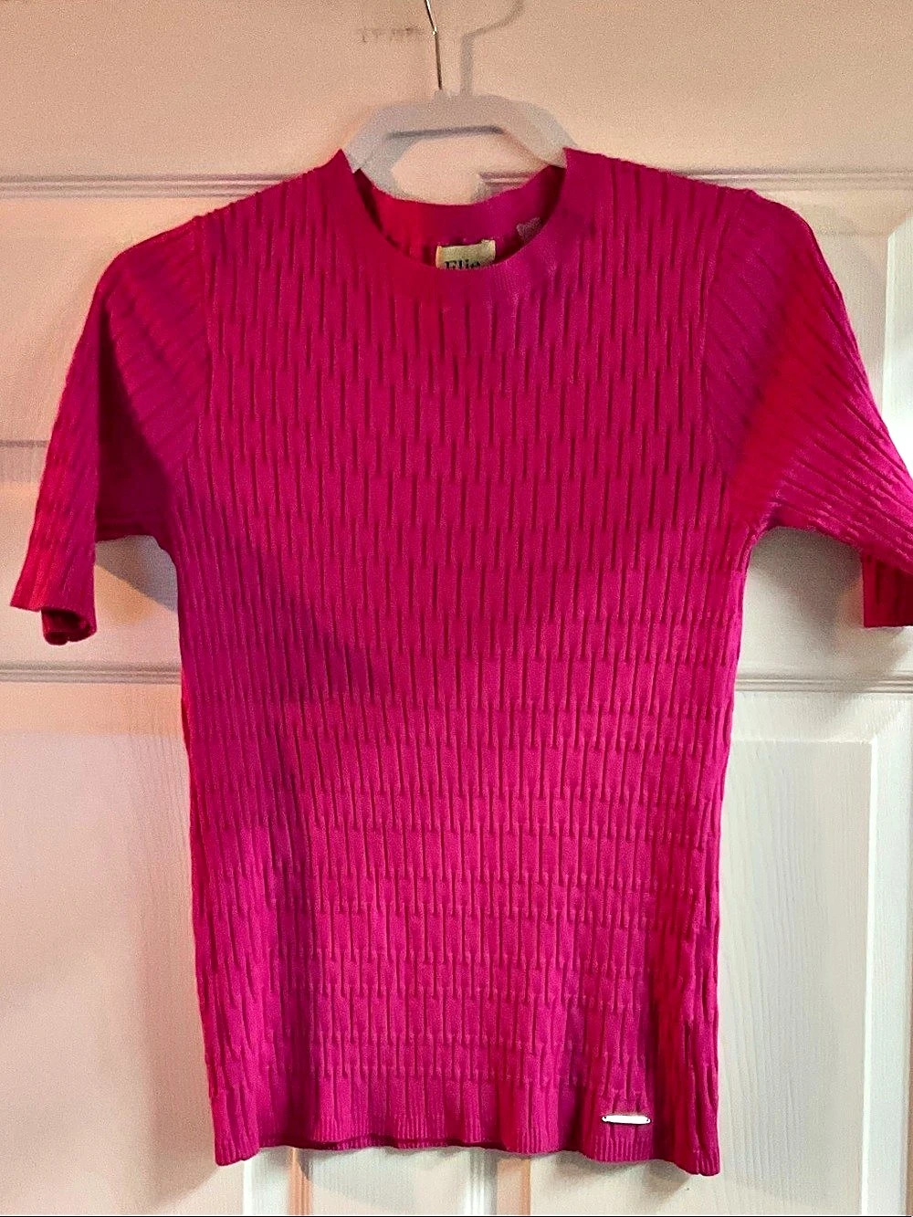 Elie Tahari Ribbed Short Sleeve Sweater in Pink Size Large